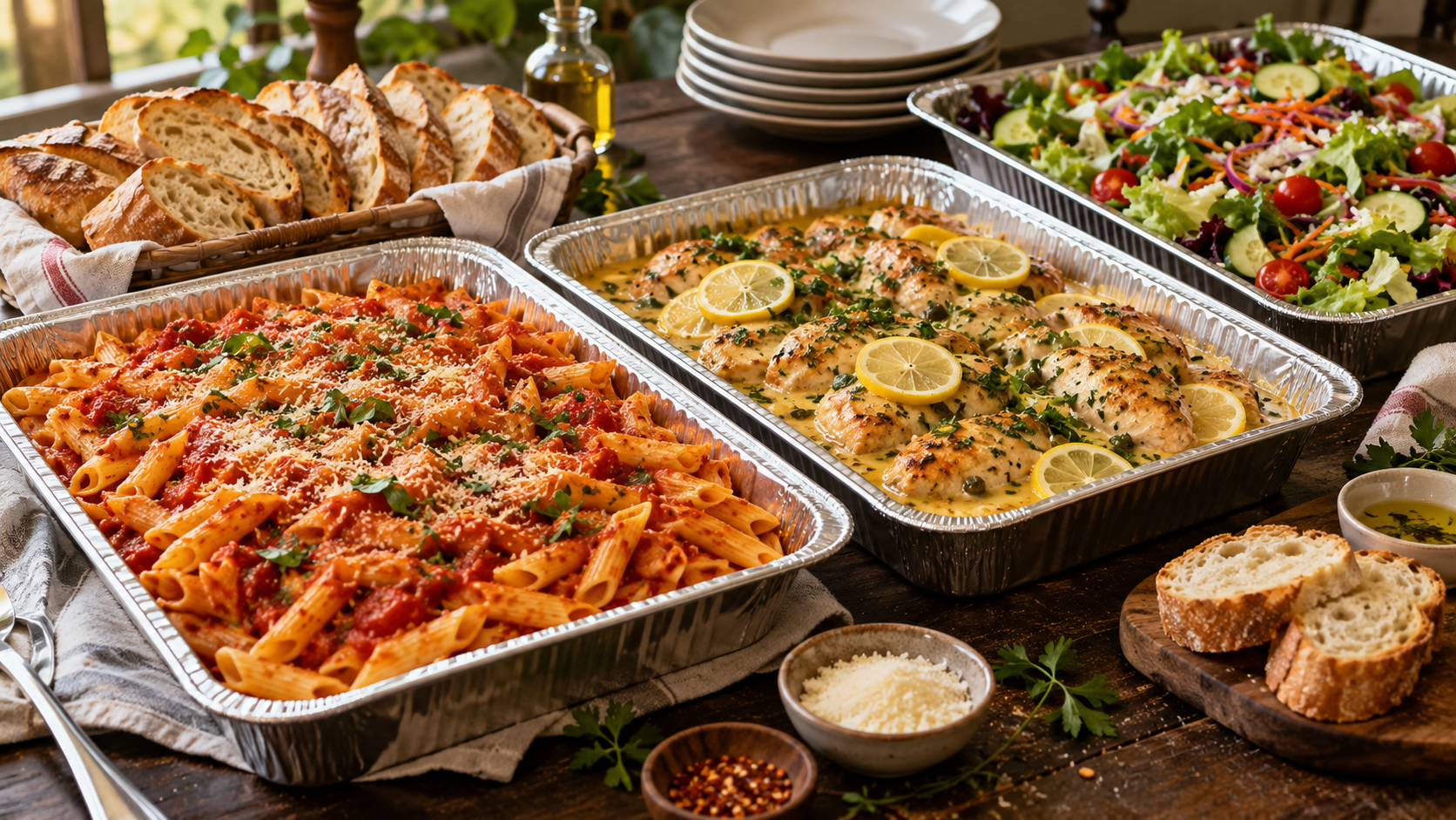 Illustrative Italian catering spread with pasta, lemon chicken, garden salad and bread